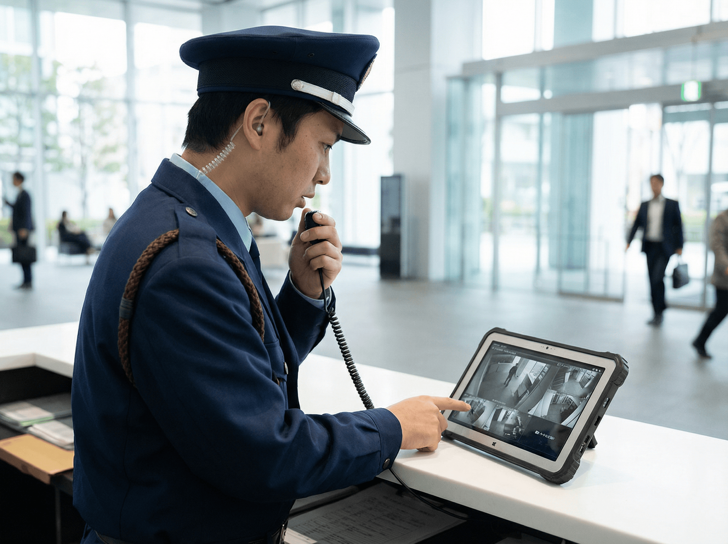 タブレットで映像確認しながらインカムで連携