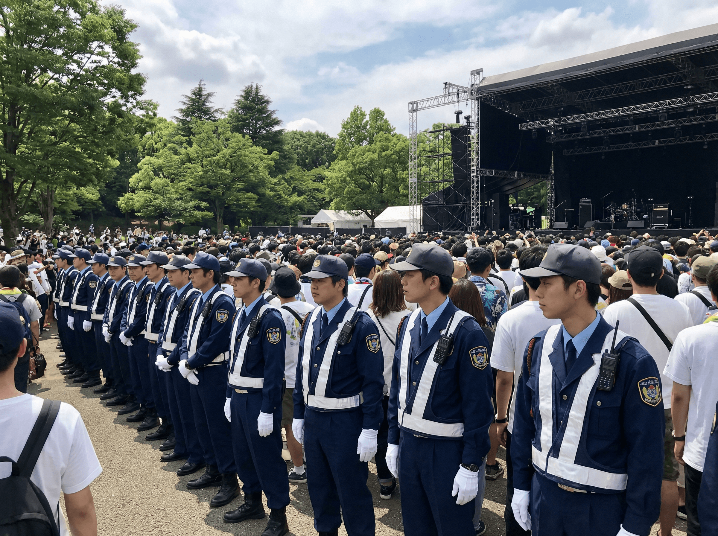 イベント会場で警備にあたるスタッフと来場者