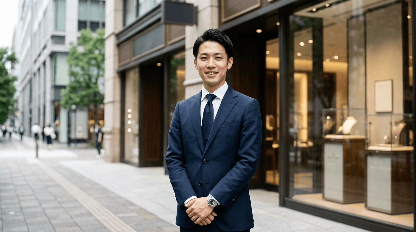 ラグジュアリーブティック前に立つスーツ姿の若手スタッフ