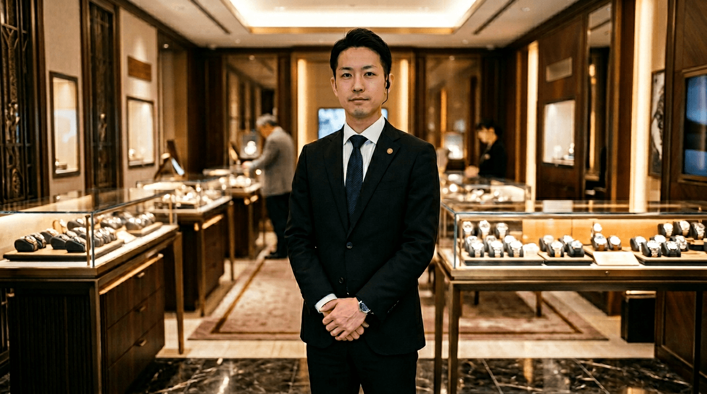 高級時計店内に立つスーツ姿の警備スタッフ